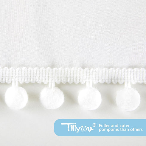 TILLYOU Ruffled Baby Crib Skirt with Pompoms, 28”x 52”, 14'' Drop, White for Girls and Boys