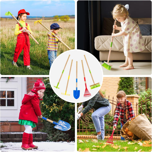 Set: 5-Piece Theefun Kids Garden Tool Safe Toddler Size Hoe, Rake, Shovel, Leaf Rake, Broom Kids Gardening Tools