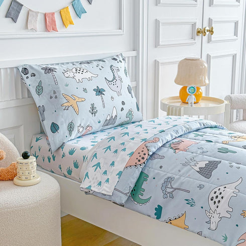 Joyreap 4 Set, Piece Toddler Bedding Cute Dinosaur on Light Blue, Ultra Soft Microfiber Toddler Comforter for Kids Boys