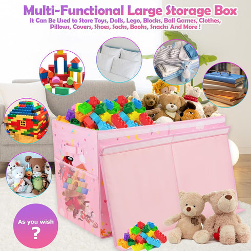 Large Toy Box Chest - Collapsible Sturdy Organizer for Kids, 25"x13"x16" Pink Toy Storage Bins with Lids