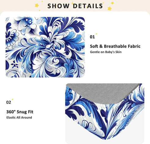 CZXW 52" 28" Blue White Floral Tile Crib Sheets Fitted x Natural Cotton Soft & Breathable for Baby Crib Mattress