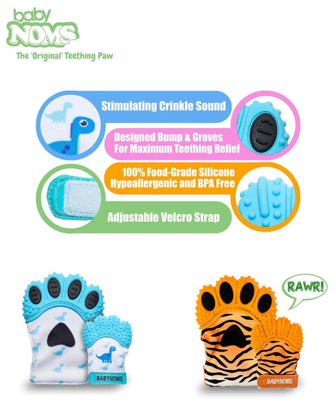 2-Pack Teething Mitten Bundle | Dino Blue & Tiger Orange Teether Paws