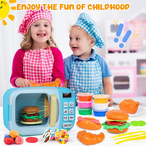 Set 6 3 Microwave Kitchen Play with Light Sound for Kids with Pretend Fake Food and Color DIY Play-Dough Clay Great