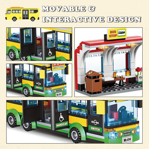 WEMEWEME Set 6+, 386PCS City Bus Building Blocks for Kids Pushable Bus Toy with Station Platform, Realistic Doors