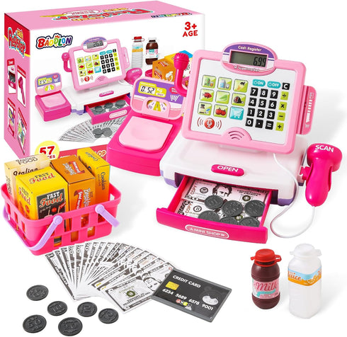 3, 4, 5, 6, 7, 8+ 57 Playset, Play Calculator Cash Register Toy Gift for Kids Girls Age Year Old, Pcs Pink Pretend
