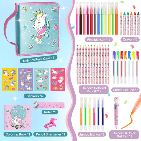 Set 4 5 6 7 8 9 10 Set 4-6-8 Unicorn Washable Markers with Glitter Pencil Case, Art Supplies for Kids Ages Years Old