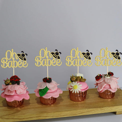 Gyufise 24Pcs Bumble Bee Cupcake Toppers - Gold Glitter Oh Baby Cupcake Picks for Baby Shower Birthday Party
