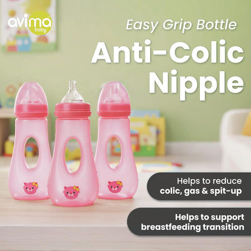 8 oz. Set (Pack 3) Avima Easy Grip Anti Colic Baby Bottles, BPA Free, Wide Neck w/Medium Flow Silicone Nipples & Bottle
