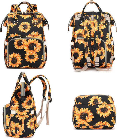 Xunteny Backpack Sunflower Baby Diaper Bag for Girls Boys, Waterproof Large Maternity Nappy Bags for Mom (Black)