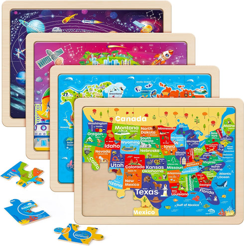 SYNARRY Large US World Earth Solar System Wooden Puzzles for Kids Gift Box(12.2*9.4 in) - FSC Certified, Puzzles for