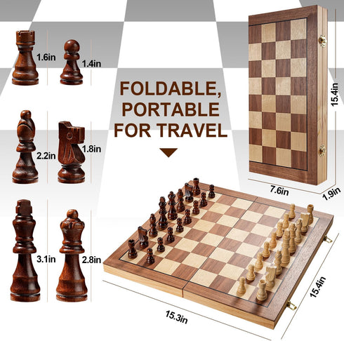 Magnetic Chess Board Set for Adults & Kids, 15" Wooden Folding Chess Game with Pieces Storage Slots