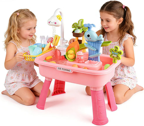 AZTWMYS 3+ Upgraded Toddler Sand Water Table Toy with Electric Water Pump, Kids Sand Water with Faucet/Play Food