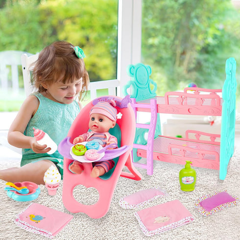 12 13 14 Inch,Great deAO Baby Doll Accessories Bunk Bed Crib & High Chair,Doll Furnitures Toy Bed Doll Crib for Twin