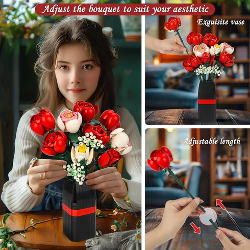 Panigkids Set Set Roses Flower Bouquet Building Kit, Artificial Roses Flower Bouquet Building with Vase, DIY Artificial