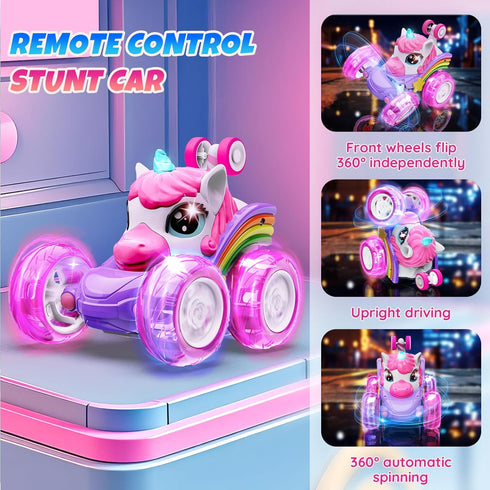 Innofans 360 4WD 3-6 7-9 10-12 Unicorn Remote Control Car for Girls, Rotating Stunt RC Cars with Cute Cool LED Lights