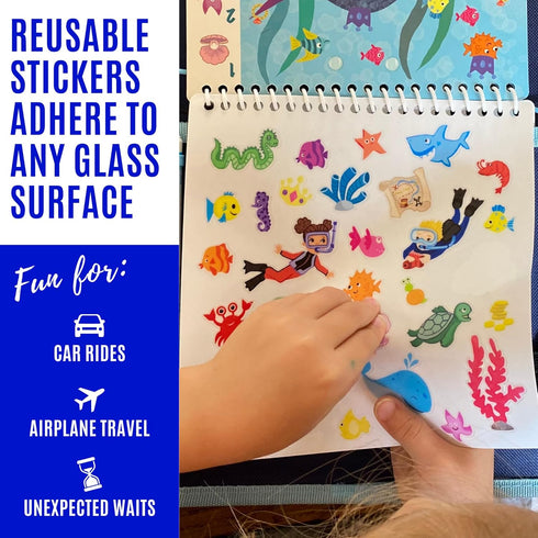 Kids Travel Educational Activity Book with Washable Markers, Car and Airplane Activities, Reusable Stickers, Ages 4-6