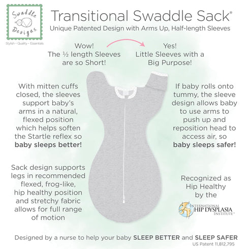 Set, 6-9 4pk, SwaddleDesigns Baby Swaddle Gray Stripes, Mo Transitional Swaddle Sack with Arms Up Half-Length Sleeves