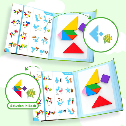 BenBen Travel Tangram Puzzle with Magnetic Wooden Shapes, Extra Large Dual-Sided Magnet Surface, Color Pattern IQ Book