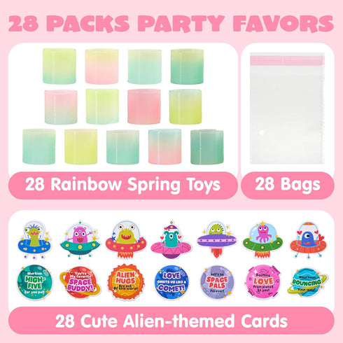 28 Packs JOYIN Valentines Day UFO Alien Cards with Colored Springs, Stress Relief Fidget Coil Springs Toys