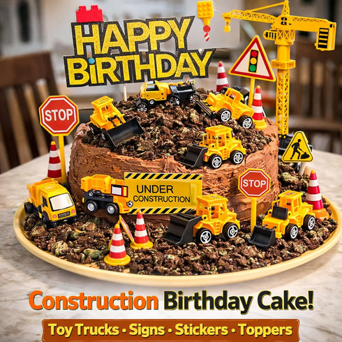 25Pcs Bulldozer HERCOCCI Construction Cake Topper, Excavator Tower Cupcake Topper Backhoe Traffic Road Sign Cake Decor