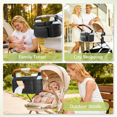 Seeseven Stroller Organizer Caddy with Insulated Cup Holder & Detachable Phone Purse, Lightweight Universal Stroller