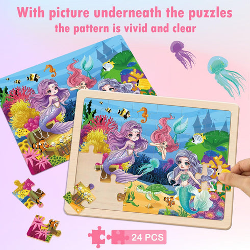 OGYZW 4-6, 4 Packs 24 3 4 5 6 Puzzles for Kids Ages Pcs Unicorn Princess Mermaid Wooden Jigsaw Puzzles, Preschool