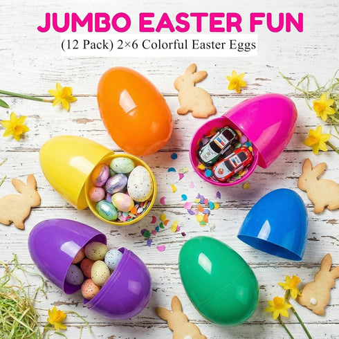 PNIOTAIN 12 6 Inch (Pure-12Pcs) Pcs Large Easter Eggs Fillable, Colorful Jumbo Plastic Empty Egg Stand Upright