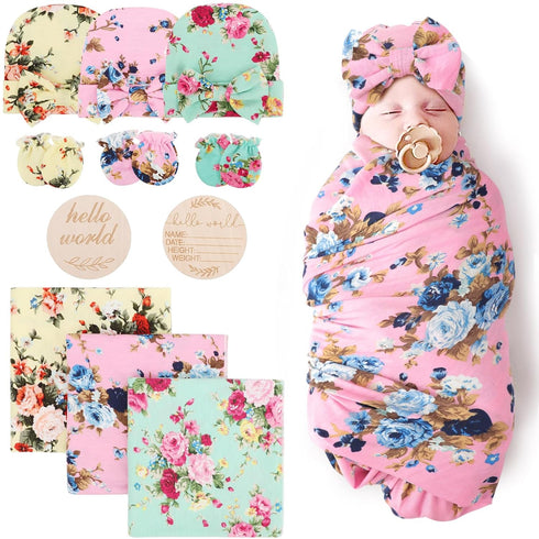 DRESHOW BQUBO Floral Swaddles for Baby Girl Newborn Receiving Blanket with Bow
