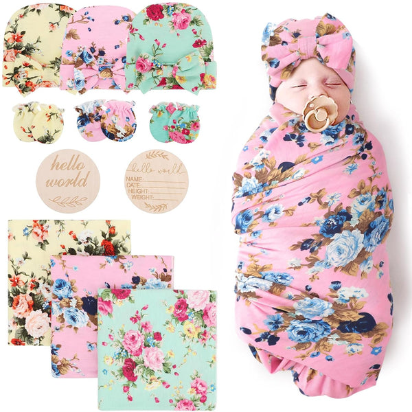 DRESHOW BQUBO Floral Swaddles for Baby Girl Newborn Receiving Blanket with Bow
