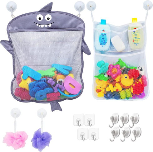 2 x Mesh Bath Toy Organizer + 6 Ultra Strong Hooks, Perfect Bathtub Toy Holder & Shower Caddy for Kids & Toddlers