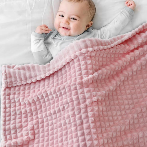 HOMRITAR Baby Blanket for Girls Super Soft Fuzzy Cozy Warm Toddler Blanket with 3D Jacquard Square Grid Design, Lightweight Flannel Bed Blanket for All Seasons Pink 30 x 40 Inch by HOMRITAR