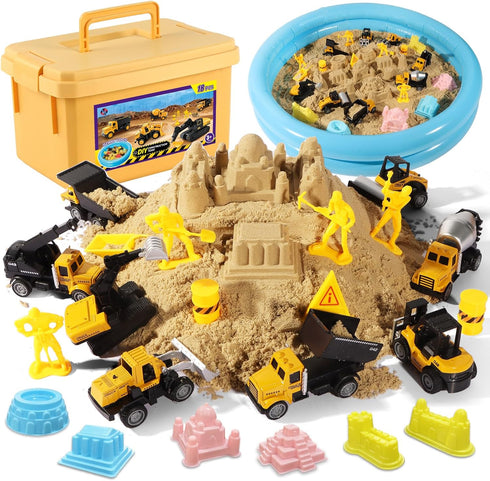 Play Construction Sand Kit,2.2lbs Magic Sand,8 Alloy Construction Vehicles,1 Inflatable Sandbox,8 Worker