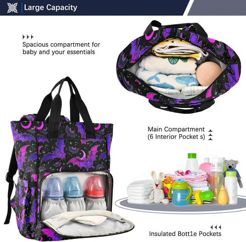 Backpack Backpacks MNSRUU Diaper Bag Purple Bat Gothic Diaper Bag Multifunction Travel Diaper Bag Tote Large Capacity
