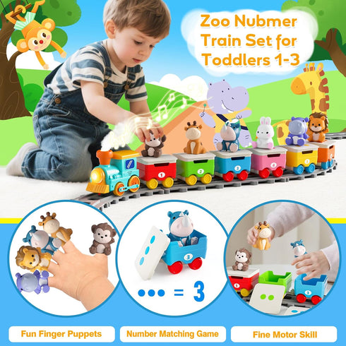 1 2 3 Set Counting, 18 Toddler Toys for Year Old, Electric Zoo Animal Train with Music, Lights & Steam, Montessori
