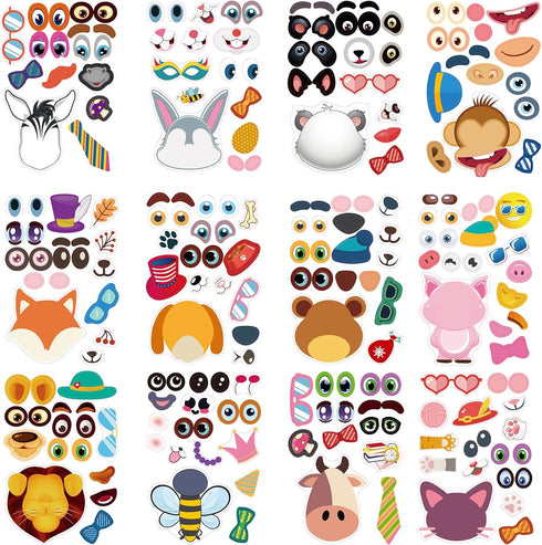 Make a Face Sticker Set for Kids, 42 Sheets with 12 Animals and 6 Dinosaur Stickers, Party Favor Supplies