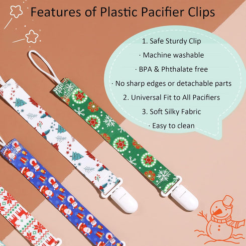 Christmas Pacifier Clips, 6 Pack Binkie Paci Holder for Boys and Girls Fits for Most Pacifiers, Teethers & Toys and Xmas Gift (Snowman,Snowflake)