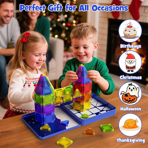 3-8, 60pcs Mini Magnetic Tiles Travel Kit for Kids Ages Portable Magnetic Building Blocks with Visual Storage Guide