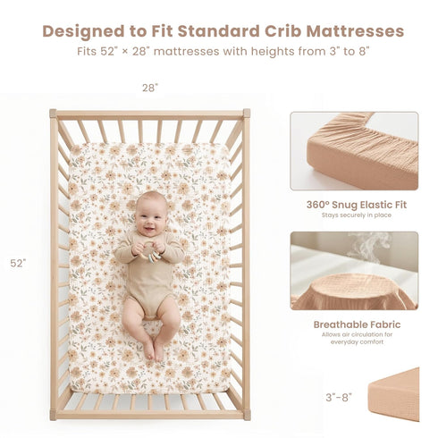2 100% (28" 52"), Konssy Muslin Crib Sheets PCS Cotton Baby Crib Sheets for Standard Crib Mattress x Soft
