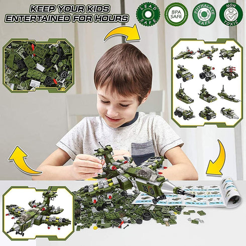 STEM Building Block Toys, 576PCS Military Engineering Bricks Toy, 25-in-1 Army Destroyer Tank Playset for Kids