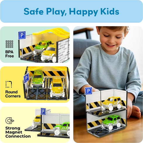 Pack 2 Set 3+ PTR07 PicassoTiles Magnetic Tiles Race Car Track Kit Parking Garage Expansion with Cars Magnet Tile
