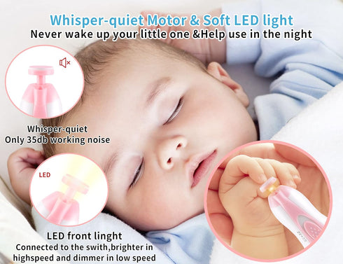Trimmer, 6-in-1 Set Electric Baby Nail Safe Gentle Nail File Grinder Kit with LED Light, Whisper Quiet, Nail Care