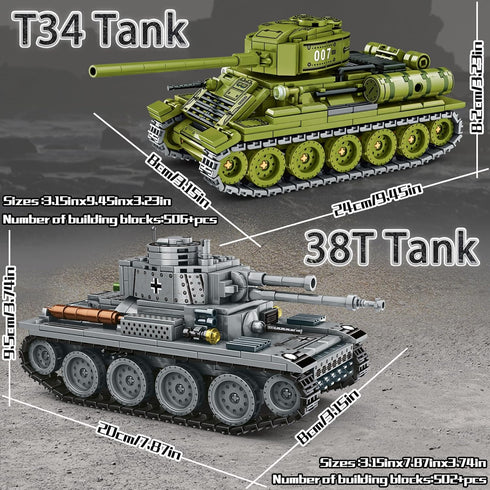 WW2 38T T-34 Collectors(1000+ Tank Building Blocks, and Army Tank Military Battle Model Kits,Toy Gifts for Boys or Men