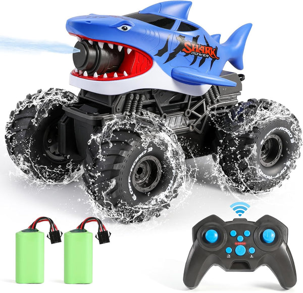 BOBXIN Amphibious Remote Control Shark Monster Truck Squirt Water,4WD All-Terrain Off-Road 2.4Ghz