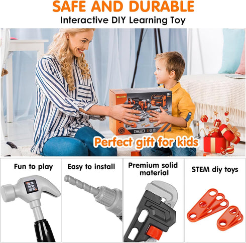 Set- 48PCS Set 3+ Kids Tool Toddler Tool Toys with Electronic Toy Drill, Tool Bag&Tool Belt&Tape Measure, Pretend Play