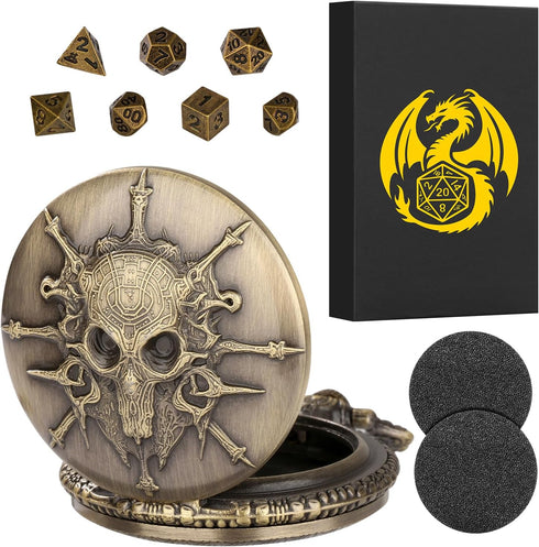 Mini DND Dice Set, 7pcs Polyhedral Metal D&D Dice with Steampunk Warlock Pocket Watch Shell Case, Bronze Gifts