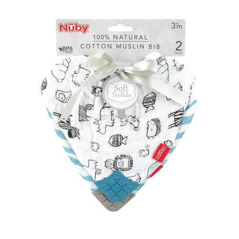 Nuby 100% Natural Cotton Muslin Bib, 2-Pack, Bib with Teething Corner, 3+ Months, Zoo