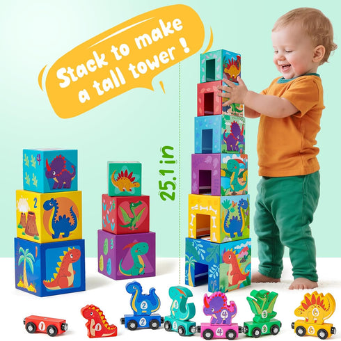 1-3, Set, 1 2 3 Toyssa Wooden Dinosaur Sorting and Stacking Toys for Toddler Number Blocks Nesting Boxes with Magnetic