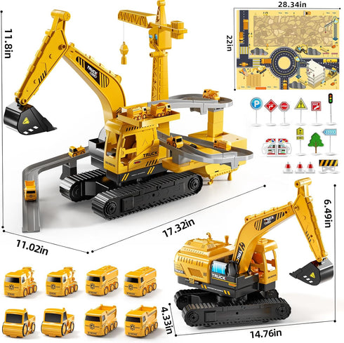 3-5 3 4 5 6 Construction Excavator Toys for Boys Year Old - Engineering Digger Race Tracks with Excavator Crane, Car