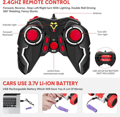 Remote Control Car, Double Sided RC Car, 4WD Off-Road Stunt Car with 360 Flips for Kids 3+ (Red)