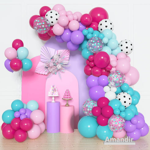 Amandir 152pcs Hot Pink and Teal Blue Balloon Garland Arch Kit, Different Sizes for Spa Girls Birthday Baby Shower Decor